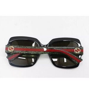 Used Gucci Sunglasses Black Square GG Logo Red & Green Sparkle